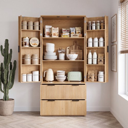 72" Modern Fluted Pantry Cabinet with Storage Drawers and Door Spice Rack, Freestanding Tall Storage Organizer for Kitchen Dining Room Bathroom Entryway, Oak