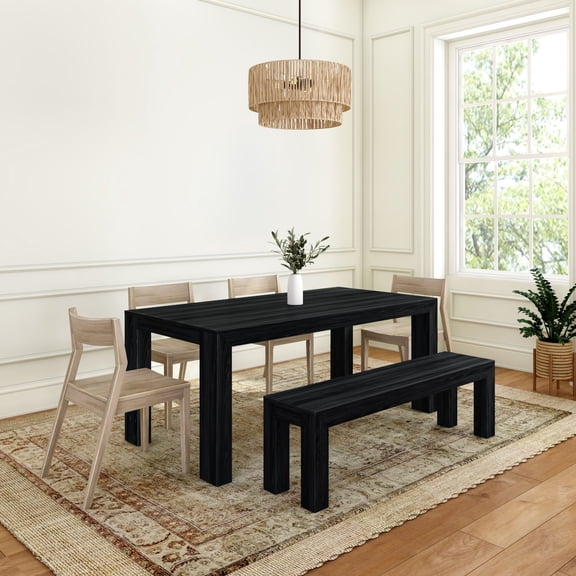 72" Modern Solid Wood Dining Table Set with Bench, Black Wirebrush, + 4 Chairs Blonde