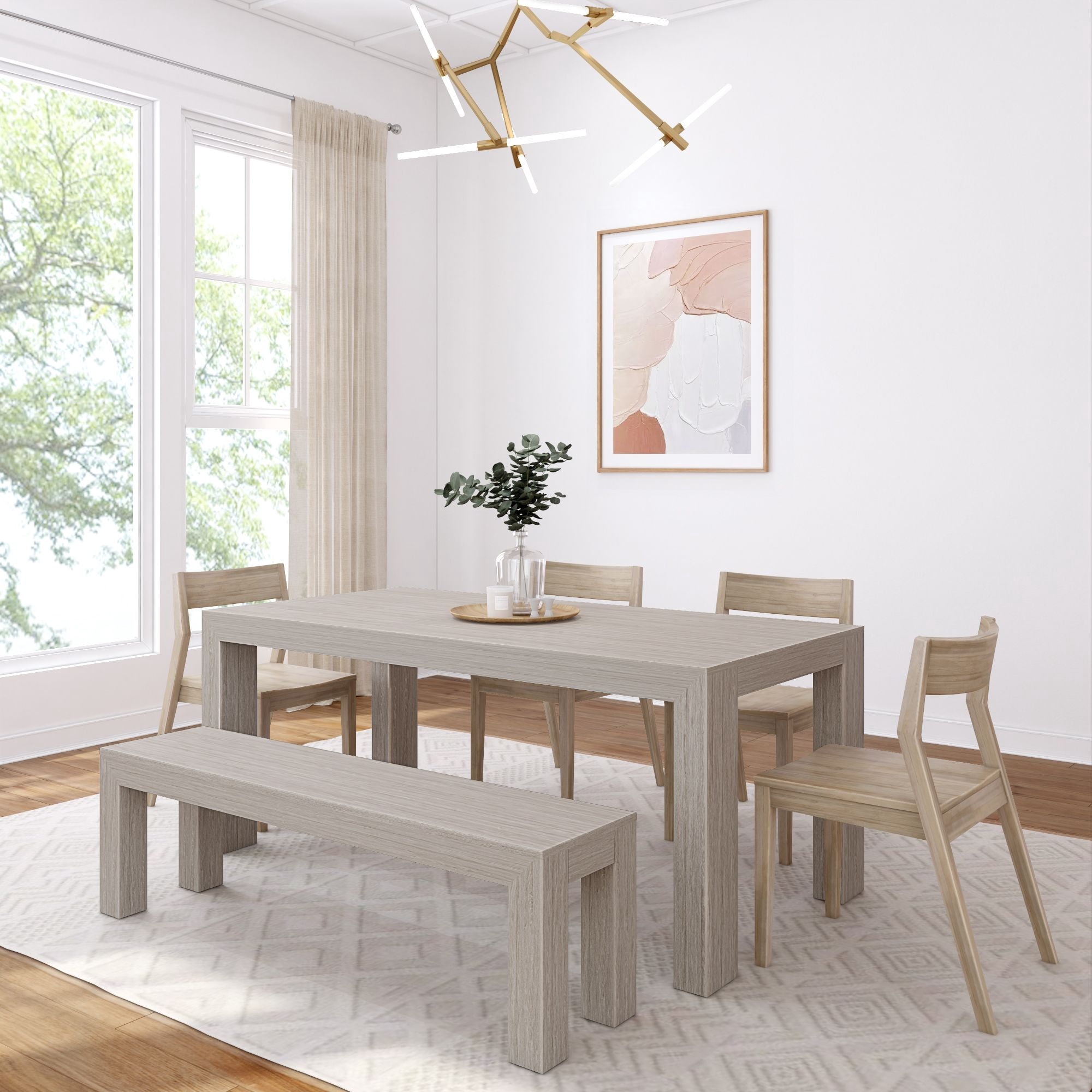 72" Modern Solid Wood Dining Table Set with Bench, Seashell Wirebrush ...