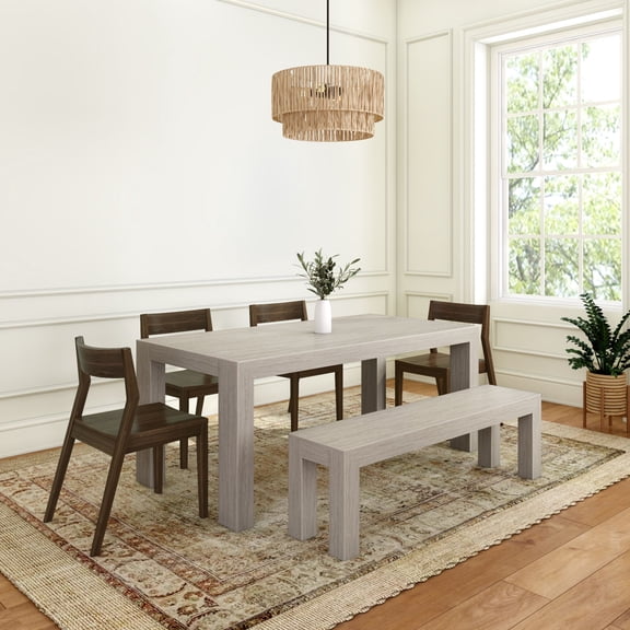 72" Modern Solid Wood Dining Table Set with Bench, Seashell Wirebrush, + 4 Chairs Walnut