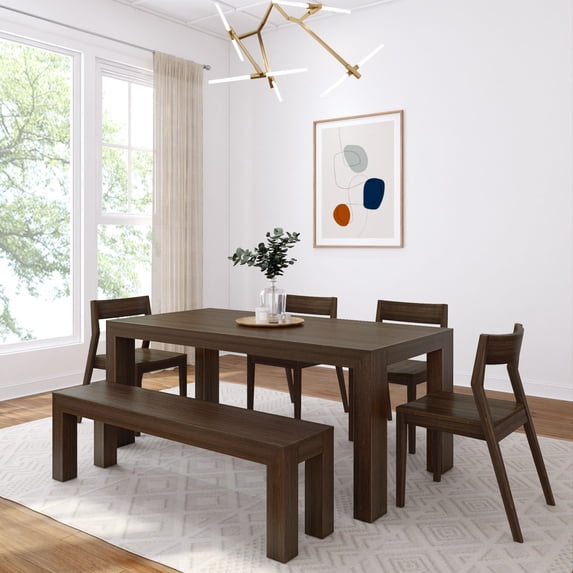 72" Modern Solid Wood Dining Table Set with Bench, Walnut Wirebrush, + 4 Chairs Walnut
