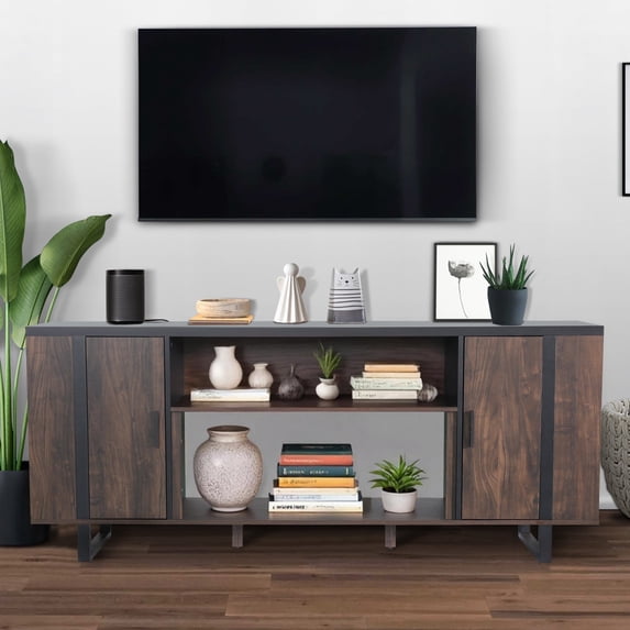 72" Modern TV Stand for TVs up to 85" with Adjustable Cabinets, Open Storage Shelf & Metal Legs, Brown Wood Finish