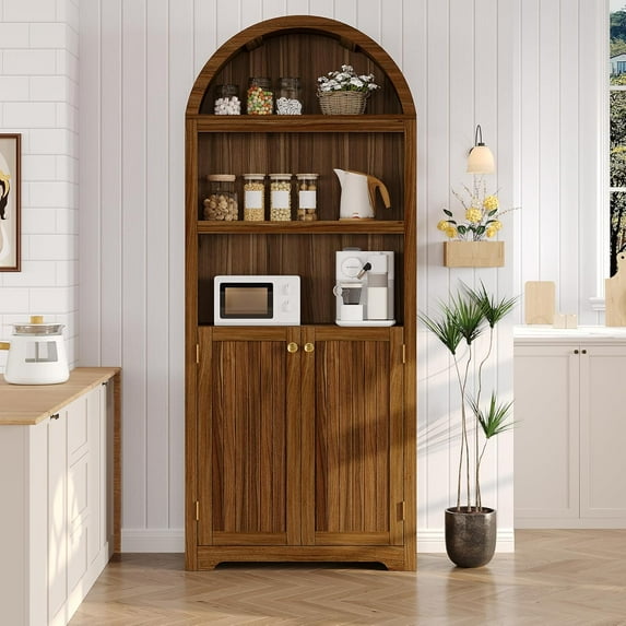 72" Modern Walnut Arched Cabinet with Gold Handles – 5-Tier Wooden Pantry Cabinet with Double Doors & Adjustable Shelves, Freestanding Bookcase for Living Room, Kitchen, Home Office