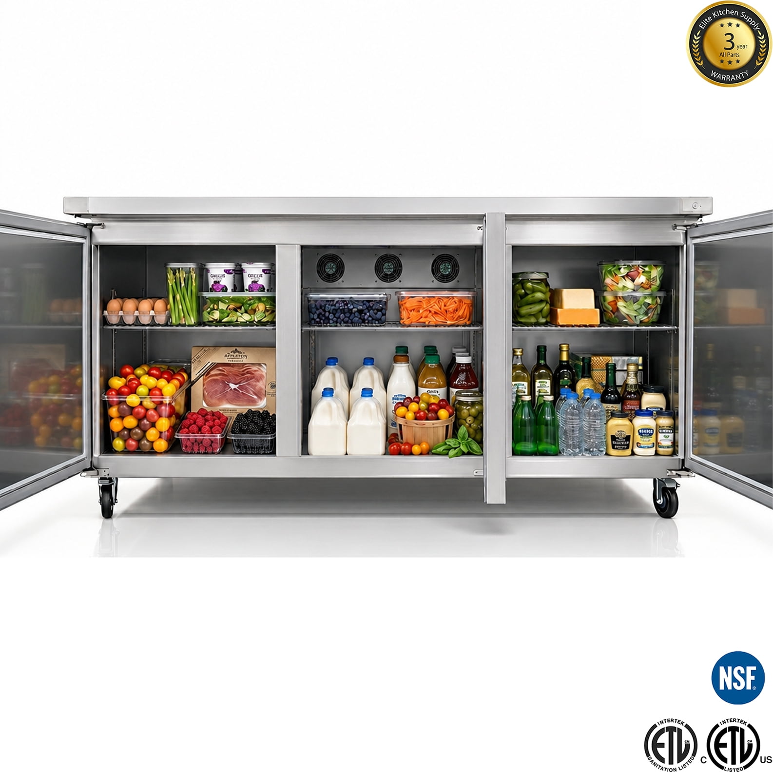 72" NSF Undercounter 3-Door Commercial Refrigerator – 21 Cu.Ft Stainless Steel Worktop Fridge with Auto Defrost & R290 Refrigerant