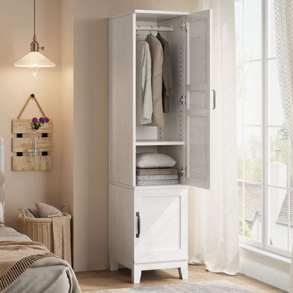 72" Narrow Wooden Wardrobe Closet – 2 Door Armoire Cabinet with Hanging Rod & 18 Adjustable Shelves, Freestanding Clothes Storage Organizer for Bedroom