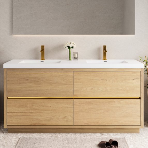 72" Natural Oak Double Sink Bathroom Vanity with Ample Storage and U - Shape Drain