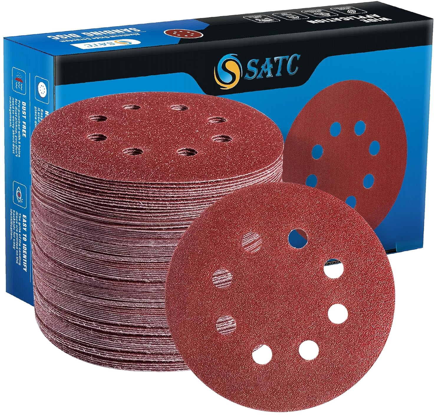 72 PCS 5 Inch 8 Hole Hook and Loop Adhesive Sanding Discs Sandpaper for Random Orbital Sander 40 60 80 120 180 240 320 Grits