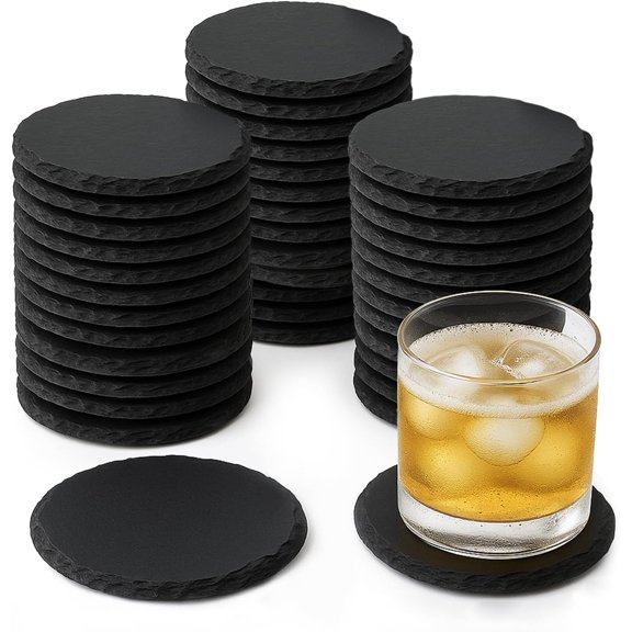 72 PCS Round Slate Drink Coasters Set, Black Slate Stone Coasters Bulk Cup Coaster Laser Engraving Blanks with Anti-Scratch Bottom for Office Kitchen Apartment Bar Home Dinner Table Decor