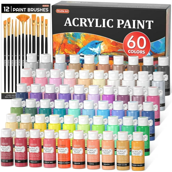 72 Pack Acrylic Paint Set, Shuttle Art 60 Colors Acrylic Paint Including Extra White Black & 12 Brushes, 2oz/60ml, Rich Pigmented, Water Proof, Ideal for Artists, Beginners