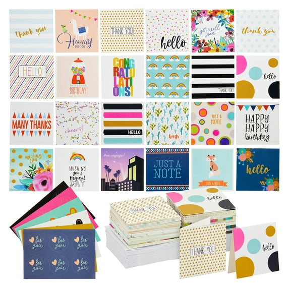 Sustainable Greetings: 72-Pack All Occasion Mini Notecards with Envelopes and 24 Assorted Stickers, 2.5x2.5 Inches, Multicolored