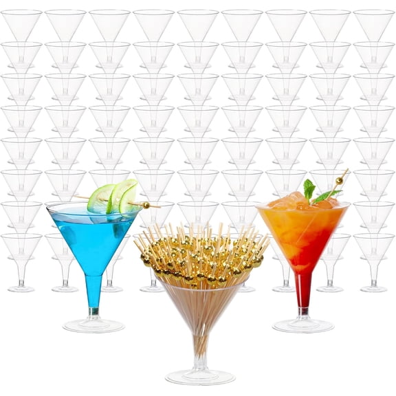 72 Pack Plastic Martini Glasses with 100 Cocktail Sticks, 6.5 oz Disposable Clear Stemmed Cocktail Cups for Party, Wine, Champagne, Margarita, Desserts, and Appetizers Reusable Dessert Cups