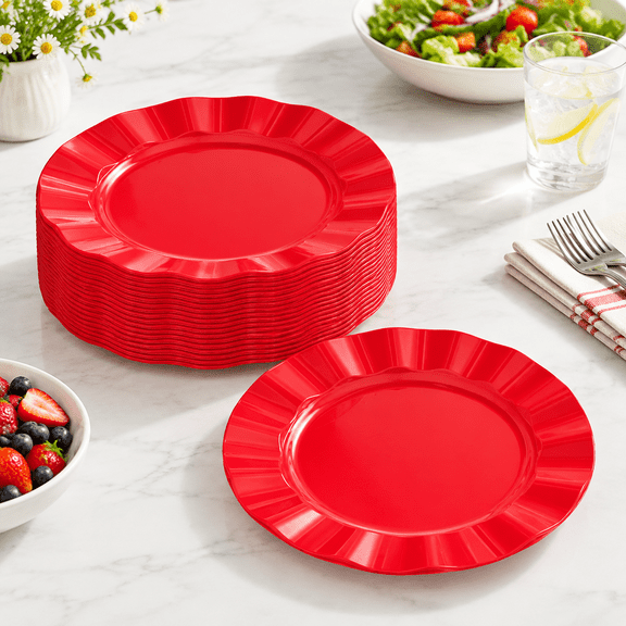 72 Pack Red Plastic Plates 10" Disposable Wave Edge Dinner