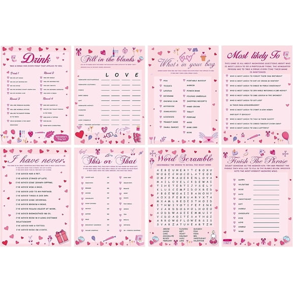 72 Pack Valentine's Day Party  Cards, 8 Designs for 9 Players Valentine Love Question Cards 5 x 7 in for Couples, , Party  & Valentine Activities, Bachelorette Party Favors
