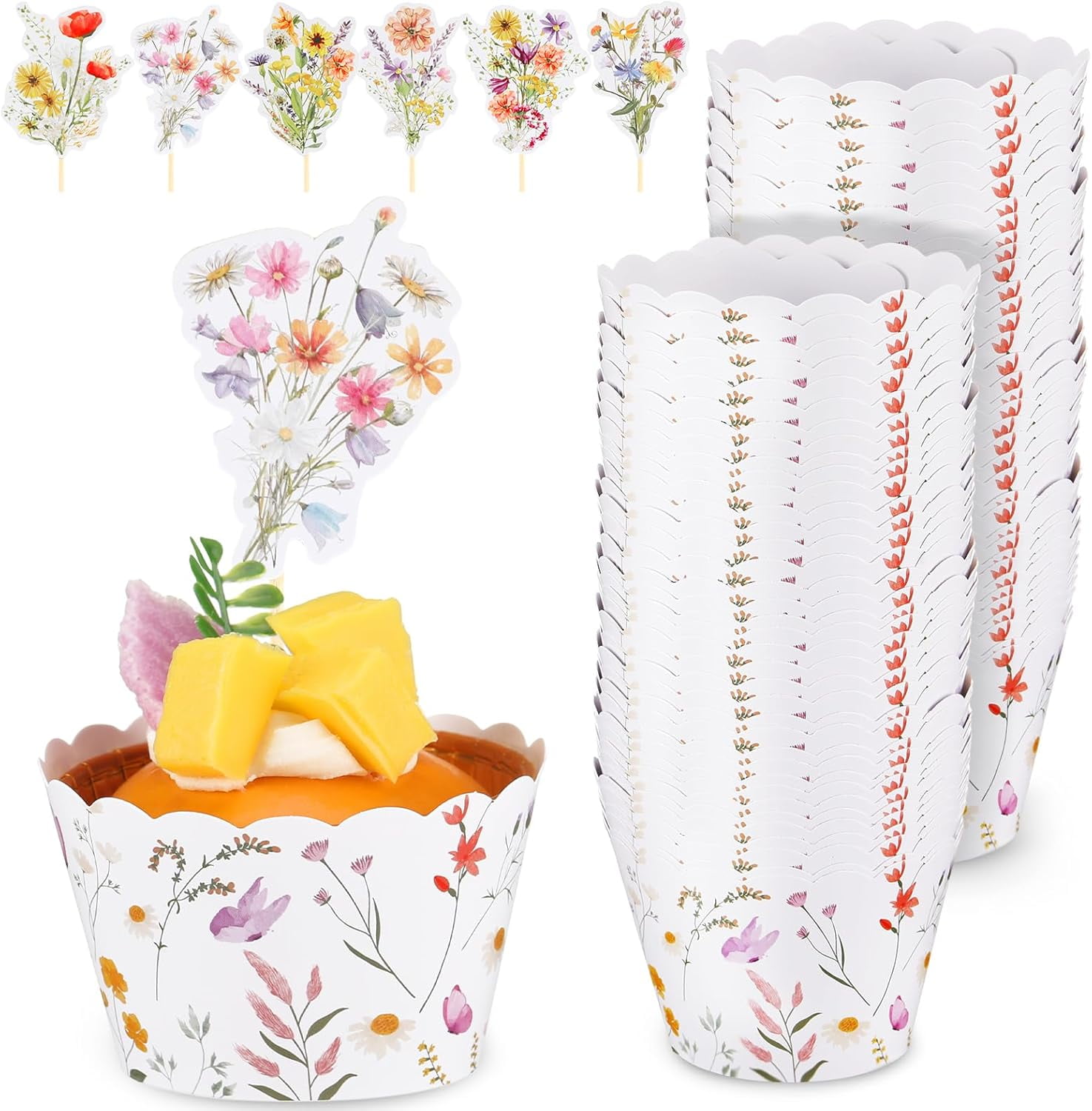 25 Pcs Wildflower Cupcake Toppers Set - Flower Cake Decorations For Birthday, Baby Shower, Wedding