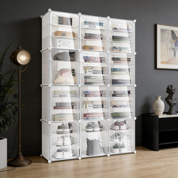 72 Pairs Shoes Organizer Cabinet, Shoe Container Storage Box Shoe Rack Box Stackable Sneaker Display Box, 12-Tier Shoe Box Plastic Stackable Shoe Storage Bins, Space Saving Sneaker Storage Box