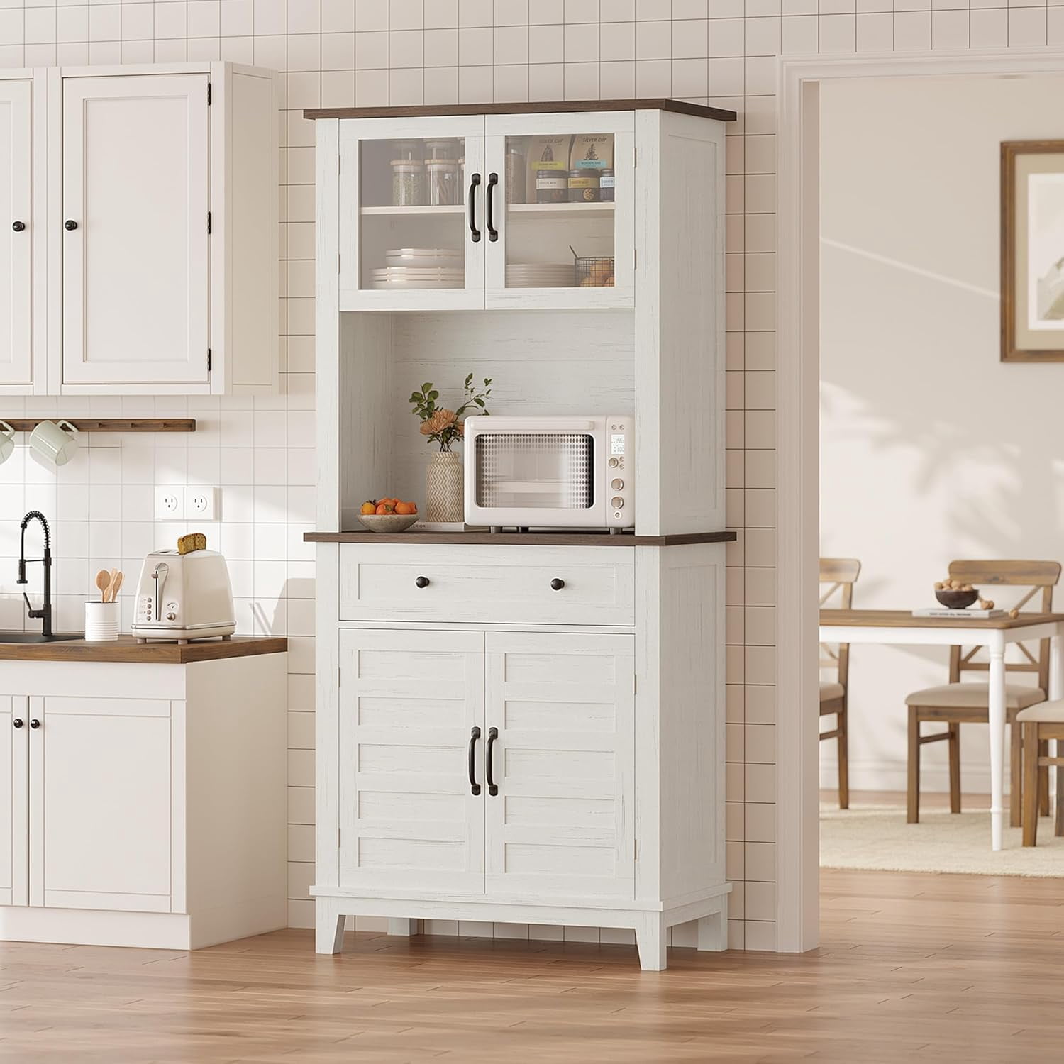 72" Pantry Cabinet with Storage Drawers, Tall Kitchen Pantry Storage Cabinet with 2 Glass Doors, Farmhouse Kitchen Hutch for Living Room, Dining Room