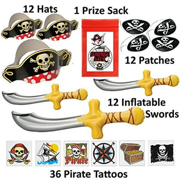 72 Pc Deluxe Pirate Dress up Party Favor Pack (12 Pirate Hats, 12 Pirate Patches, 12 Inflatable Pirate Swords, & 36 Pirate Tattoos) Costume Supplies