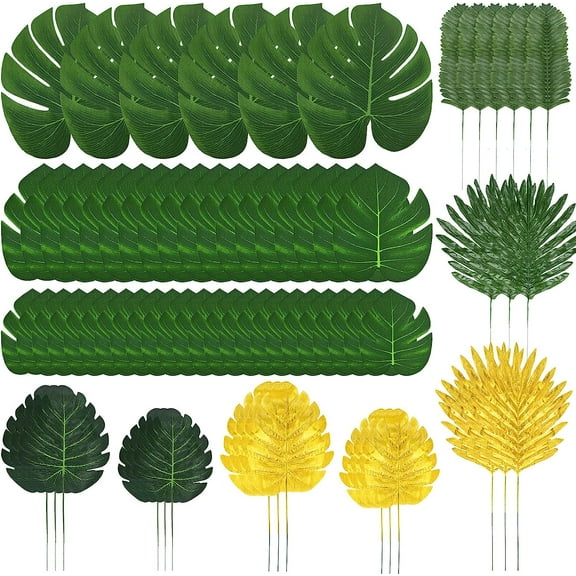 72 Pcs 10 Kinds Artificial Palm Leaves Tropical Plant Safari Leaves Faux Monstera Leaves StemsPalm Tree Leaves Artificial for Jungle Beach Theme Party Table Leave Decorations