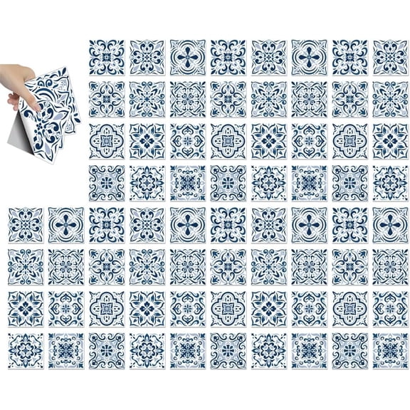 72 Pcs 12 Style Wall Stickers Blue and White Pattern Peel and Stick Wall Tile Mandala Style Waterproof Self Adhesive Stick on Tile Decals for Kitchen Bathroom Wall Art Decor 4×4 Inch