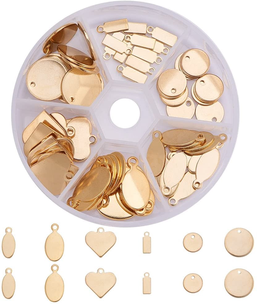 72 Pcs 6 Styles 304 Stainless Steel Flat Blank Stamping Tag Pendants Charms for Earring Bracelet Jewelry Keychain DIY Craft Making Golden