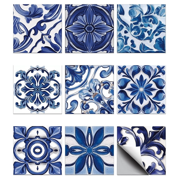 72 Pcs 9 Styles Blue Relief Style Patten Tile Sticker Geometric Mosaic Pattern Shapes Wall Stickers Waterproof Self Adhesive