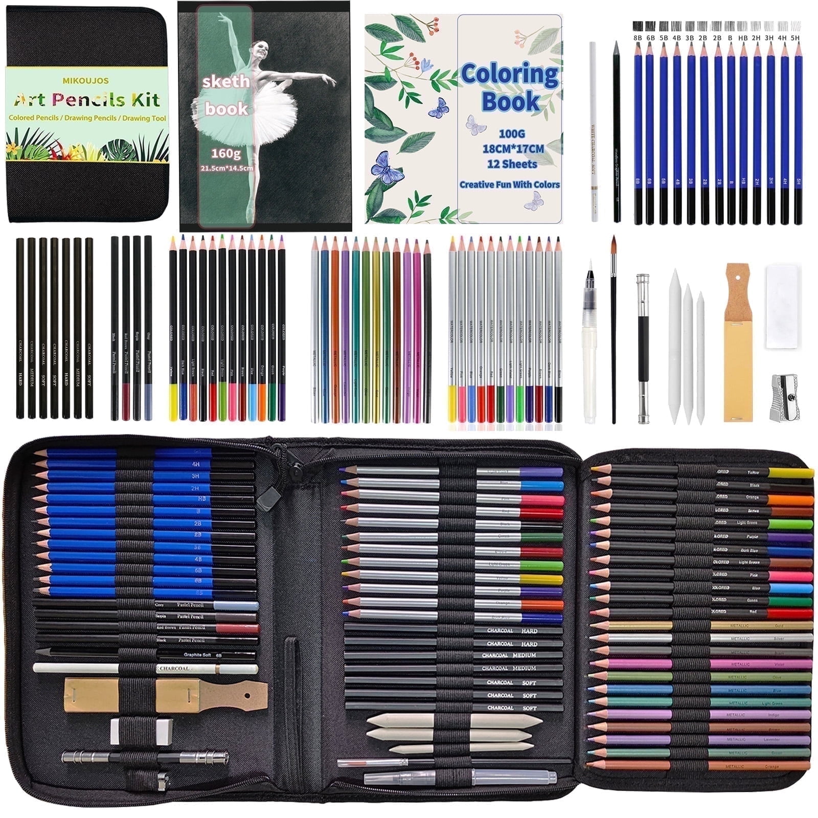 MIKOUJOS 72 Pcs Drawing Pencils and Sketch Kit, Graphite, Charcoal