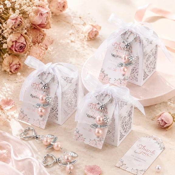 72 Pcs Baby Shower Favors, Angel Keychain Favor Sets With Favor Boxes & Thank You Cards, Pink/Blue Pearl Angel Pendant Gifts Ideal for Baptism, Bridal Shower, Wedding & Birthday Party Favors