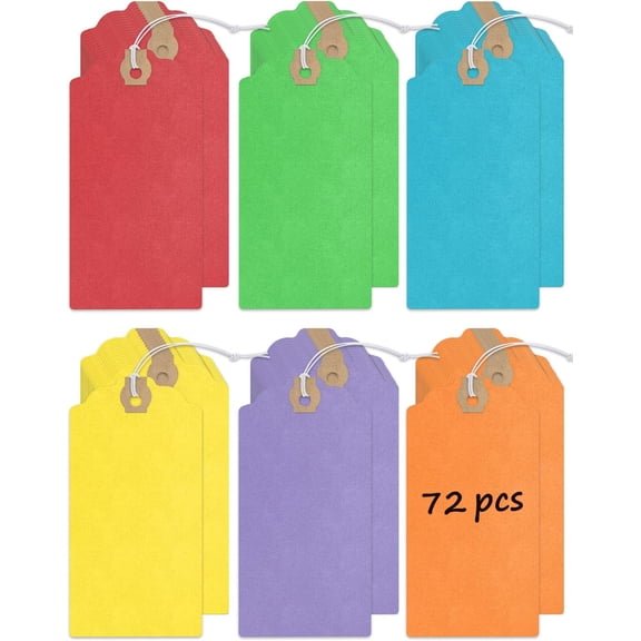 72 Pcs Blank Shipping Tags with Elastic String Attached Cardstock Paper Hang Tags with Reinforced Eyelet Large Marking Price Tag Inventory Label Tag, Rainbow Colors (4.7" x 2 3/8")