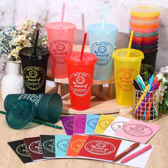 72 Pcs Bulk Mug Gift Set with Lids Straws Pens Notepads for Coworkers Employees Social Workers