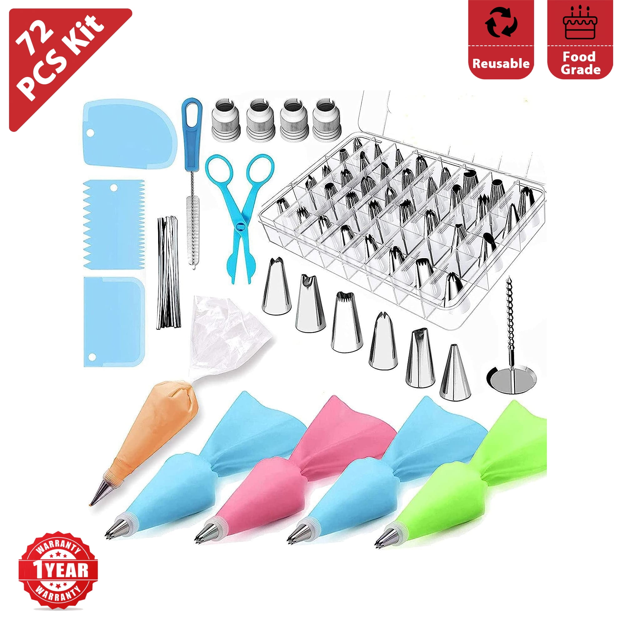 72 Pcs Cake Decorating Kit - 46 Frosting Icing Tips, 6 Piping Tips, 6 Pastry Bags, 3 Cream Comb Scrapers, Brush, Couplers, Lifter, Baking Tools for Cake Lovers