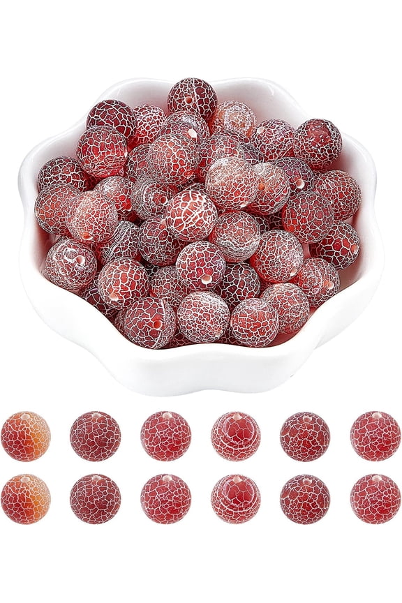 About 72 Pcs Frosted Natural Stone Beads 10mm Natural Agate Round Beads Gemstone Loose Beads for Bracelet Necklace Jewelry Making (Dark Red Hole: 1.2mm)