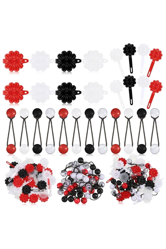 72 Pcs Hair Barrettes Balls for Girls Self Hinge Hair Ties Bubble Accessories Set 80s 90s Bow Flower Plastic Clips for Baby Toddler(Black, White, Clear, Red)