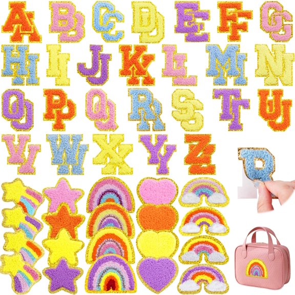 72 Pcs Preppy Cute Embroidered Chenille Letter Patches Self Adhesive,Include 52 A-Z Varsity Letters Patches,20 Star Heart Rainbow Meteor Sew on Repair Patches Boho Stickers for Jackets Backpacks Hats