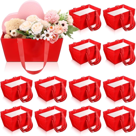 72 Pcs Waterproof Kraft Gift Baskets with Handles 9.8 x 6.5 x 4.3 Inch Empty Bulk Set Red