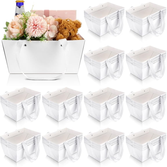 72 Pcs Waterproof Kraft Gift Baskets with Handles 9.8 x 6.5 x 4.3 Inches White