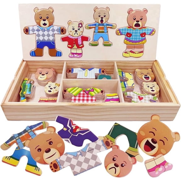 72 Pcs Wooden Dress Up Puzzle, Mix & Match Animal Dress-Up Toys with Storage Box, Educational Montessori Toys, Non-Toxic & Safe, Ideal Gift(Bear)