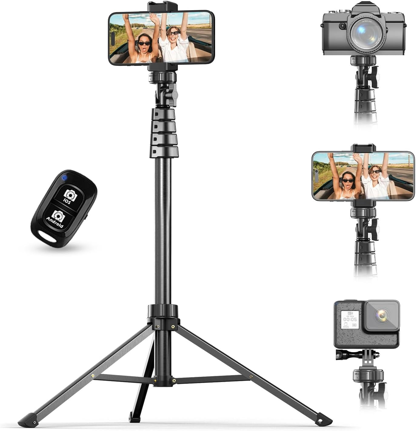 72" Phone Tripod & Selfie Stick, Camera Stand with Wireless Remote and Holder,Compatible iPhone Android, Perfect for Selfies/Video Recording/Live Streaming Black