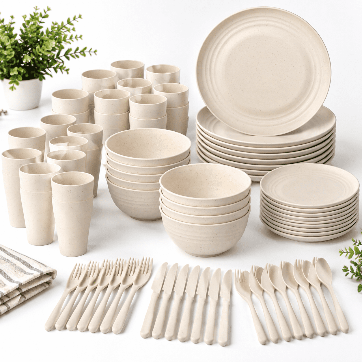 Strow Howse 72-Piece Beige Wheat Straw Tableware Set for Daily Use and Travel ...