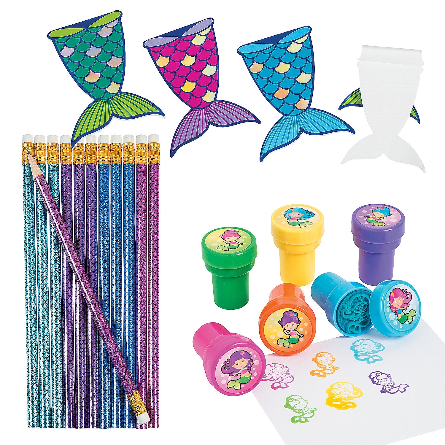 72 Piece Mermaid Stationery Pencil, Stamper & Notepad Handout Kit for 24