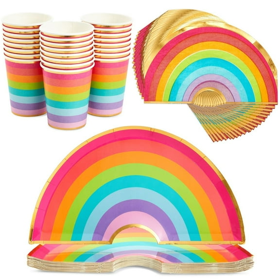 BLUE PANDA 72-Piece Rainbow Paper Plates, Cups & Napkins Party Set - Paper Dinnerware Assortment in Blue, Gold & White - Die-Cut Disposable Rainbow Birthday Decorations & Party Supplies