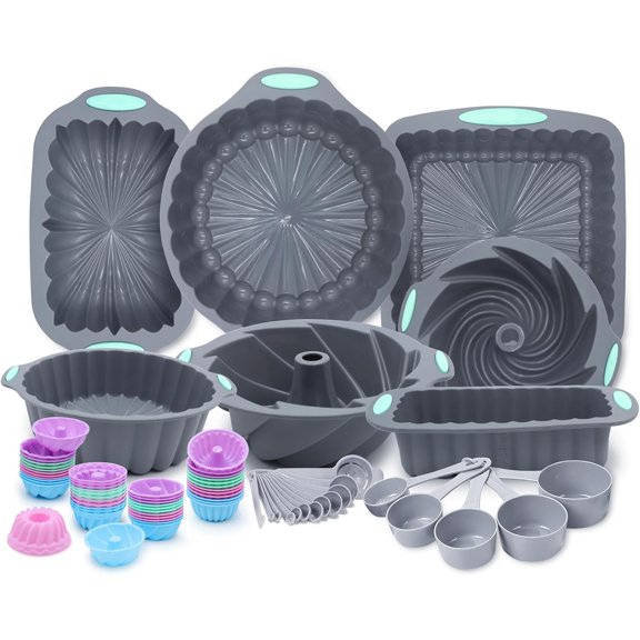 72-Piece Silicone Bakeware Set, Nonstick Baking Pans with Cake Pans, Loaf Pans, Baking Cups, Measuring Cups and Spoons, Easy Release Oven Pan, Grey