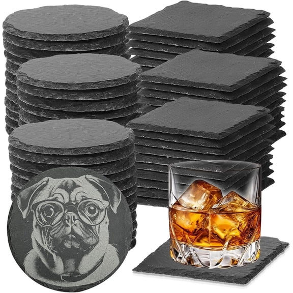 72 Piece Slate Coaster Set Black 4 Inch Bulk Blank Square and Round Natural Stone Coasters for Laser Engraving or Hand Painting