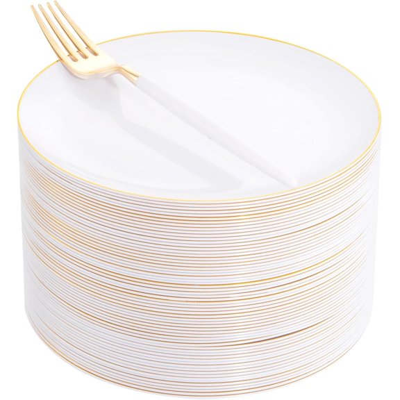 72-Piece White Plastic Dessert Plate and Fork Set with Gold Rims, 7.5-Inch Plates and 8.5-Inch Forks, Disposable, BPA-Free