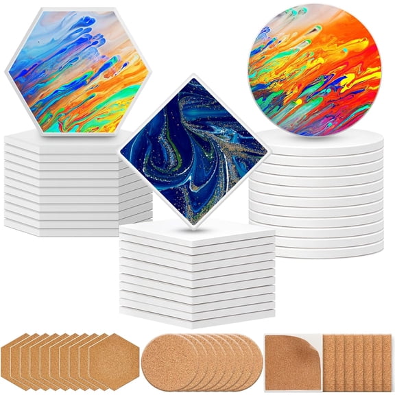 72 Pieces Ceramic Coasters for Crafts, White Sublimation Coaster Blanks, Heat Transfer Ceramic Tiles for DIY Printing, Cork Backing Pads Included (Square Hexagon Round)