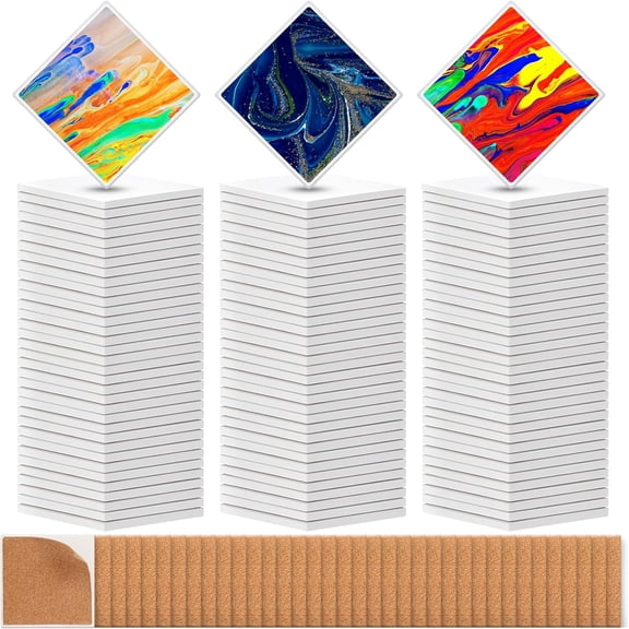 72 Pieces Ceramic Coasters for Crafts, White Sublimation Coaster Blanks, Heat Transfer Ceramic Tiles for DIY Printing, Cork Backing Pads Included (Square Hexagon Round)