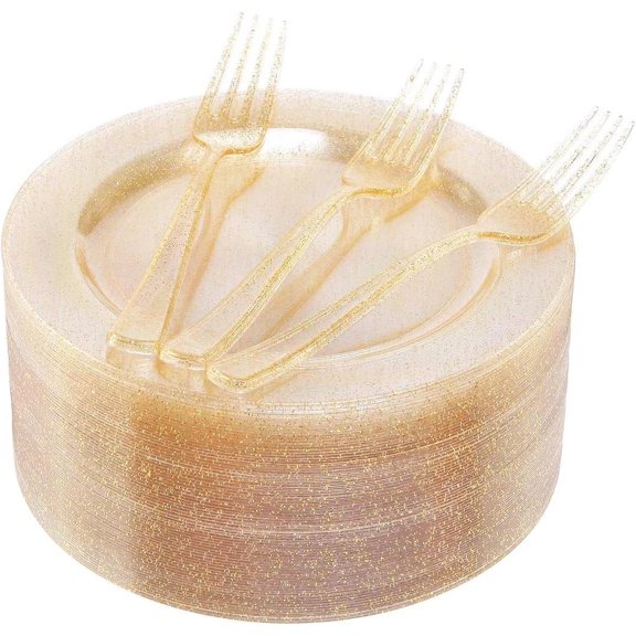 72 Pieces Plastic Dessert Plates 7.5" & 72 Pieces Gold Disposable Forks 7.4"