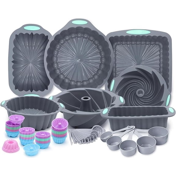72 Pieces Silicone Bakeware Set, Nonstick Baking Pans Set, Easy Release Oven Silicone Pan for Kitchen with Cake Pans, Loaf Pans, Baking Cups, Measuring Cups and Spoons Set, Grey