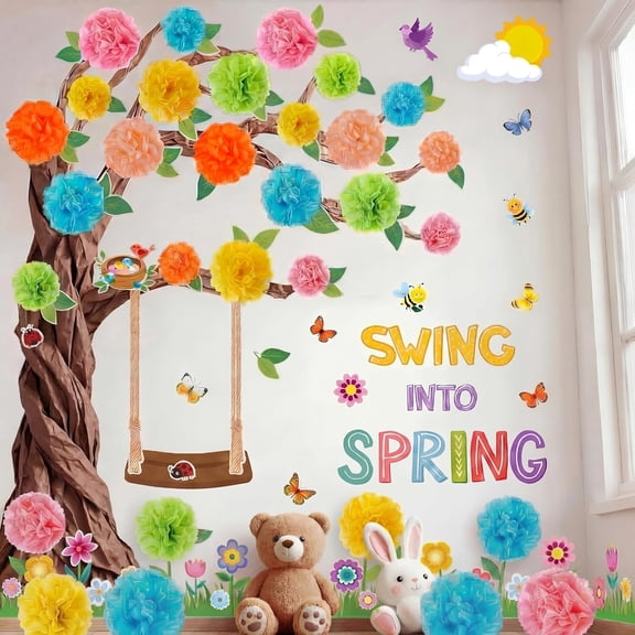 72 Pieces Spring Tree Bulletin Board Set, DIY 3D Classroom Tree Kit with Pom Poms Flower Kraft Paper Swing into Spring Cutouts for Back to School Elementary Teacher Home Wall Chalkboard Decor