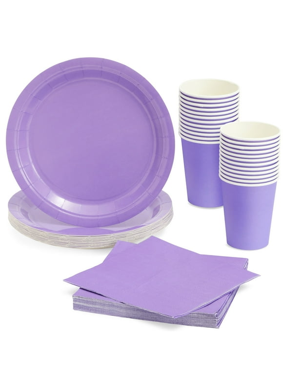 72 Pieces of Purple Party Supplies with Paper Plates, Cups, and Napkins for Birthday Decorations (Serves 24)