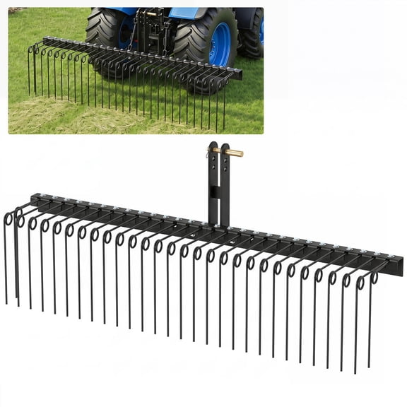 72" Pine Straw Rake, 30 Metal Coil Tines, 3-Point Hitch, Category 0 and 1, Black